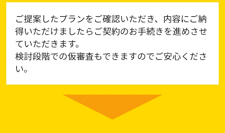 ご提案したプランをご確認いただき、内容にご納得いただけましたらご契約のお手続きを進めさせていただきます。検討段階での仮審査もできますのでご安心ください。
