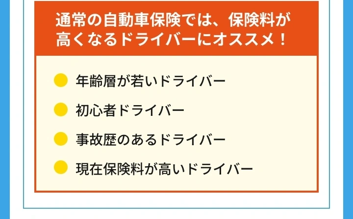 通常の自動車保険では保険料が高くなりやすい、年齢層が若いドライバー、初心者ドライバー、事故歴のあるドライバー、現在保険料が高いドライバーの方にオススメ！