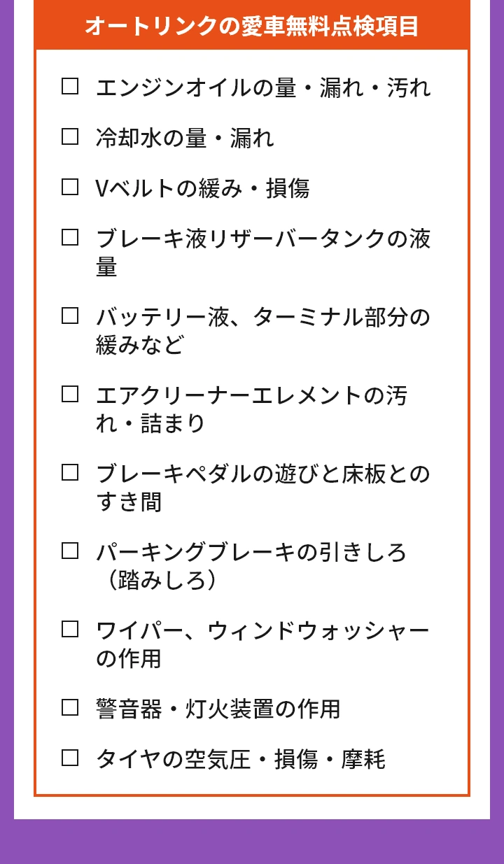 オートリンクの愛車無料点検項目１．エンジンオイルの量・漏れ・汚れ２．冷却水の量・漏れ３．Vベルトの緩み・損傷４．ブレーキ液リザーバータンクの液量５．バッテリー液、ターミナル部分の緩みなど６．エアクリーナーエレメントの汚れ・詰まり７．ブレーキペダルの遊びと床板とのすき間８．パーキングブレーキの引きしろ（踏みしろ）９．ワイパー、ウィンドウォッシャーの作用１０．警音器・灯火装置の作用１１．タイヤの空気圧・損傷・摩耗