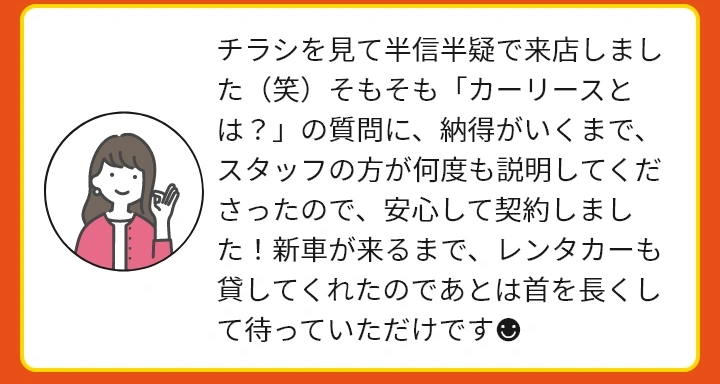 チラシを見て半信半疑で来店しました。そもそも「カーリースとは？」の質問に、納得がいくまで、スタッフの方が何度も説明してくださったので、安心して契約しました！新車が来るまで、レンタカーも貸してくれたのであとは首を長くして待っていただけです！